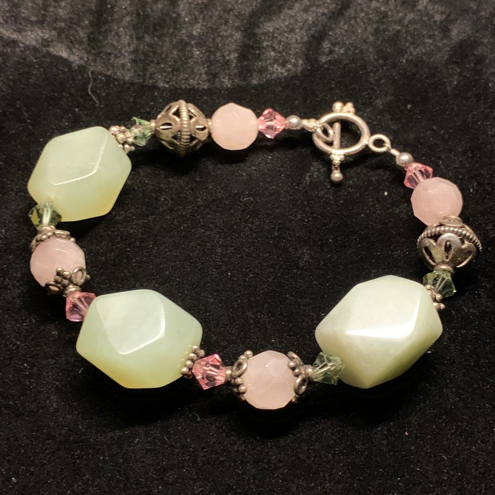 Green Aventurine Rose Quartz Beaded Toggle Bracelet Pink Green Silver Tone